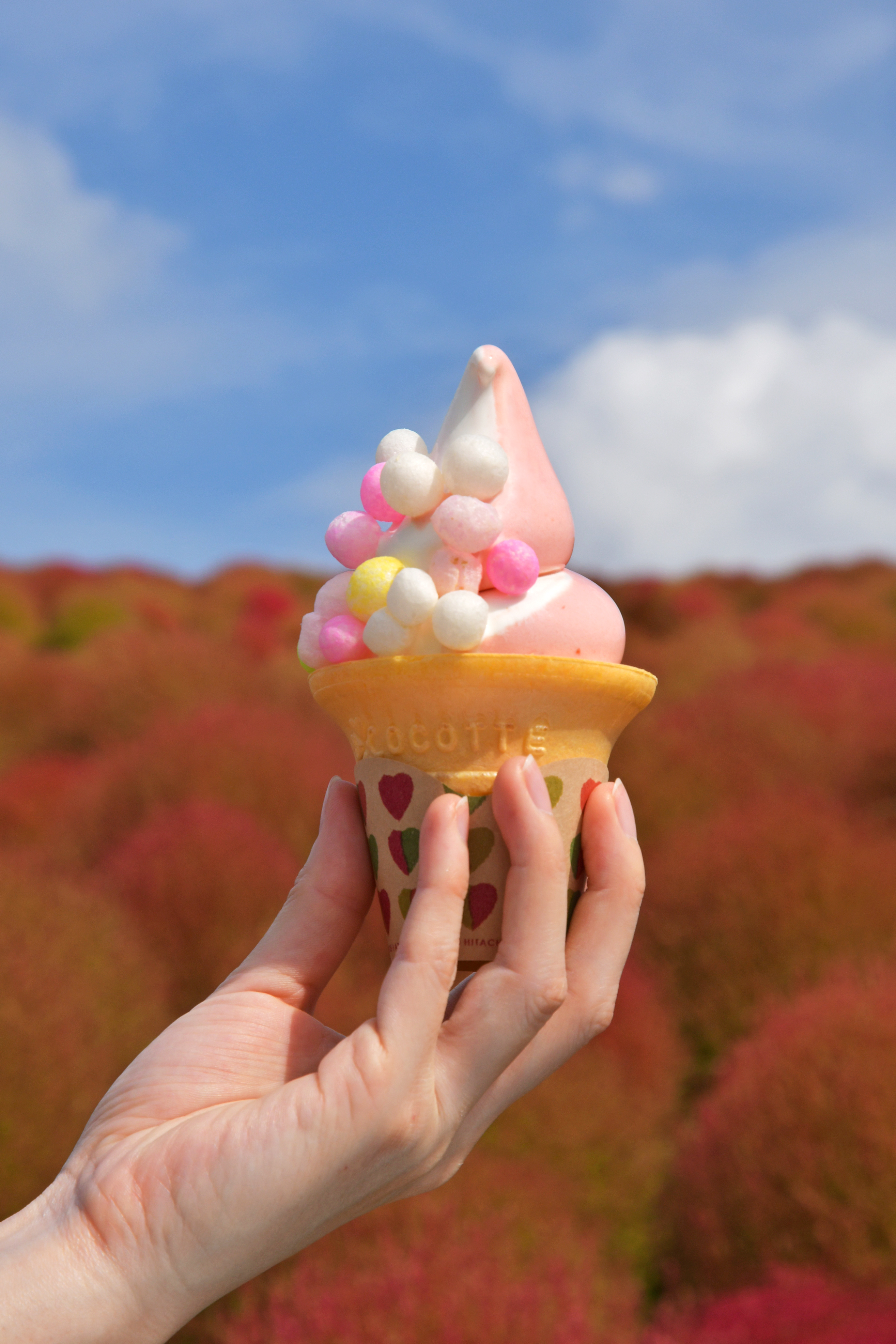 映え写真 角度は少し下から、空も入れて